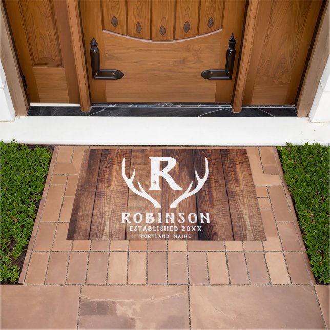 Rustic Wood Monogram Family Name Deer Antler Lake Doormat (Outdoor)