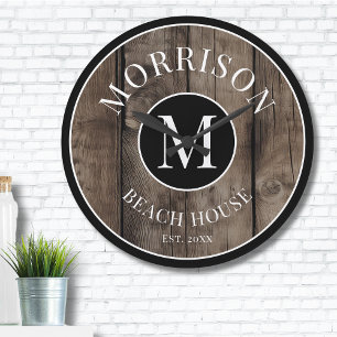 Rustic Wood Monogram Family Name Large Clock