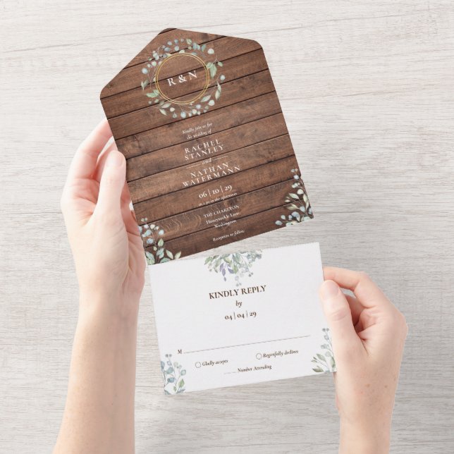 Rustic Wood Monogram Greenery Floral Wedding All In One Invitation (Tearaway)