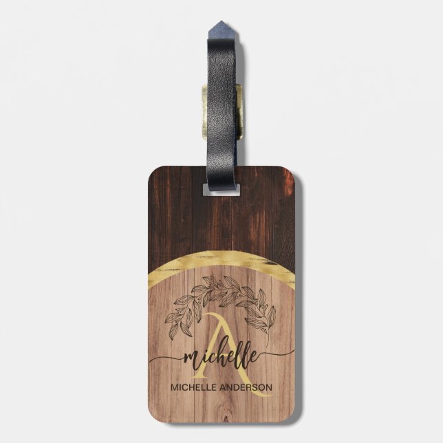 Rustic Wood Monogram Luggage Tag (Back Vertical)