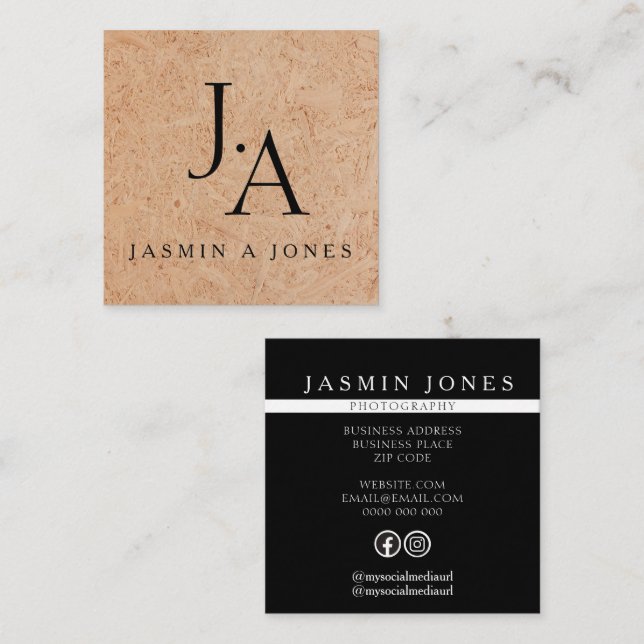 Rustic Wood Monogram Minimalist Square Business Card (Front/Back)