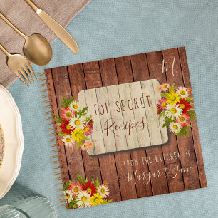 Rustic wood monogram name floral recipes journal