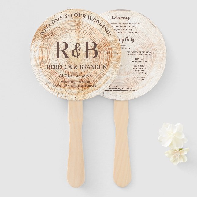 Rustic Wood Monogram Names Wedding Ceremony Hand Fan (Front and Back)