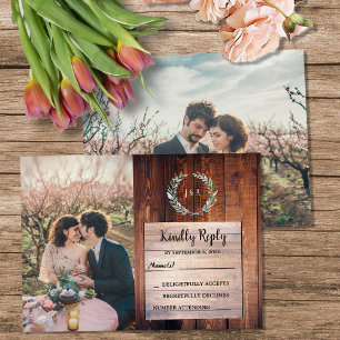 Rustic wood monogram photo Wedding budget RSVP Enclosure Card
