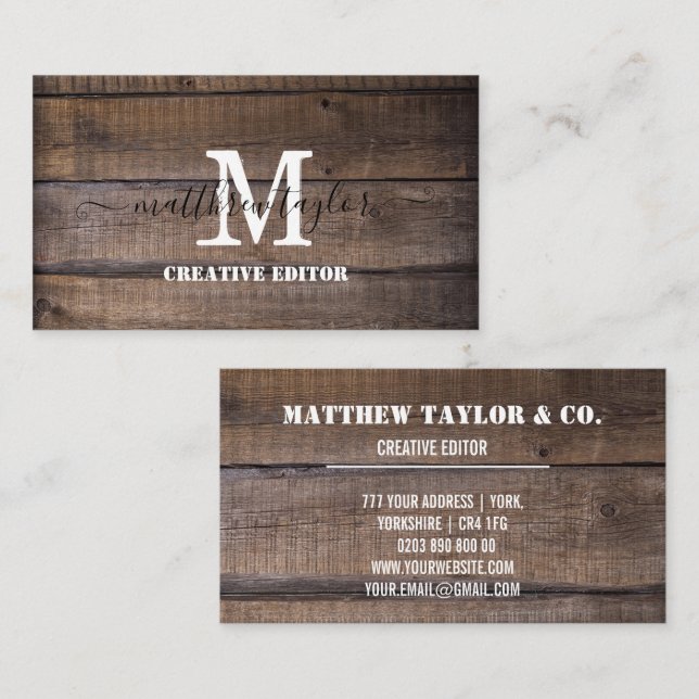 Rustic Wood Monogram Professional Custom Business Card (Front/Back)