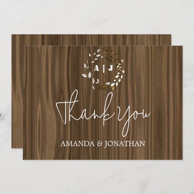 Rustic Wood Monogram Wedding Thank You Card (Front/Back)