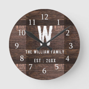Rustic Wood Monogrammed Family Name Round Clock