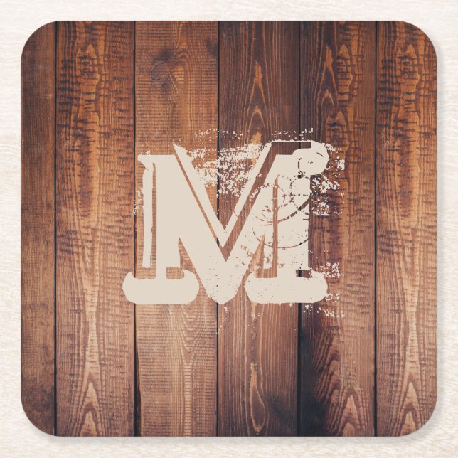 Rustic wood Monogrammed Initial Square Paper Coaster (Front)