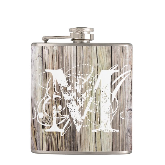 Rustic Wood Monogrammed Vinyl Wrapped Flask (Front)