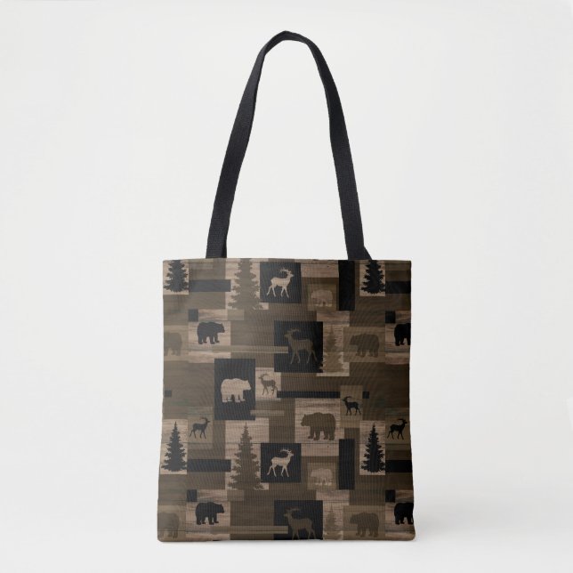 Rustic wood moose bear pattern all over print tote bag (Front)