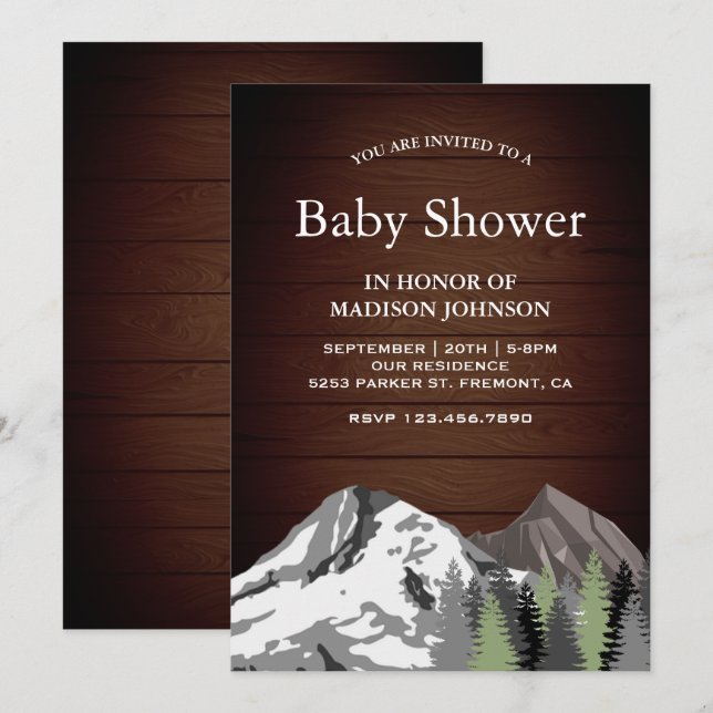 Rustic Wood Mountain Forest Baby Shower Invitation (Front/Back)