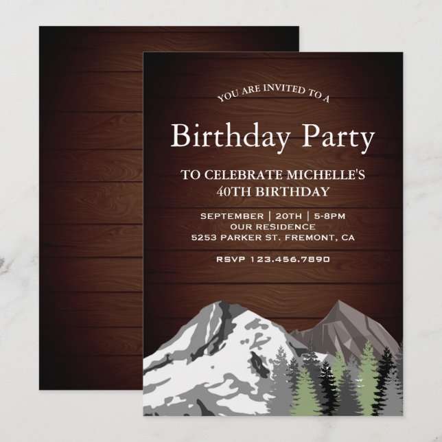 Rustic Wood Mountain Forest Birthday Party Invitation (Front/Back)