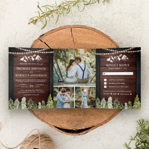 Rustic Wood Mountain Forest Photo Collage Wedding Tri-Fold Invitation