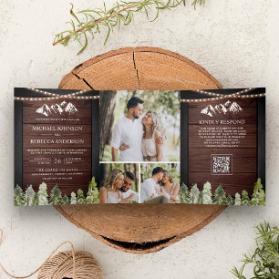 Rustic Wood Mountain Forest Photo QR Code Wedding Tri-Fold Invitation