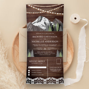 Rustic Wood Mountain Forest String Lights Wedding Tri-Fold Invitation