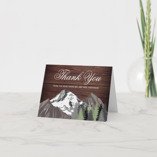 Rustic Wood Mountain Forest Wedding Thank You Card (Front)