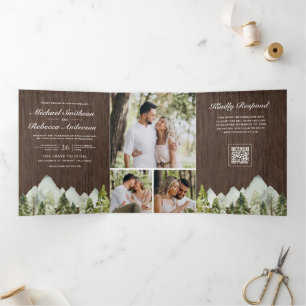 Rustic Wood Mountain Pine Forest QR Code Wedding Tri-Fold Invitation
