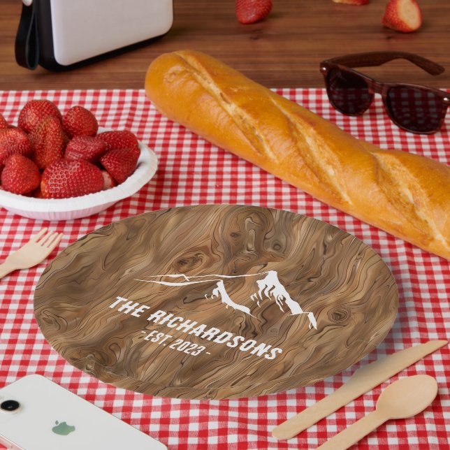 Rustic Wood Mountains Personalised Family Lake Ski Paper Plate (Picnic)
