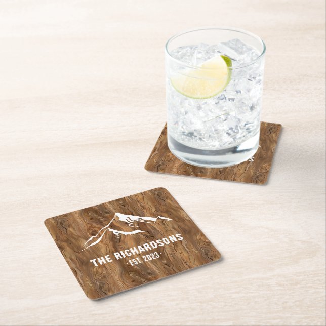 Rustic Wood Mountains Personalised Family Lake Ski Square Paper Coaster (Insitu)