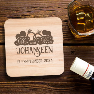 Rustic Wood Mr and Mrs Bride Groom Wedding Favour Square Paper Coaster