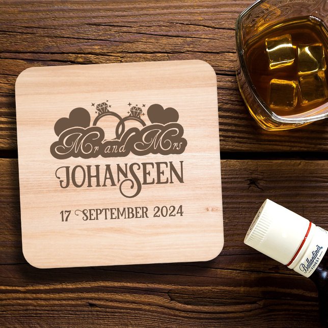 Rustic Wood Mr and Mrs Bride Groom Wedding Favour Square Paper Coaster (Creator Uploaded)