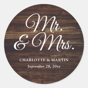 Rustic Wood Mr and Mrs Wedding Classic Round Sticker
