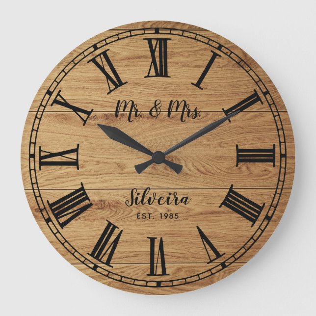 Rustic Wood Mr Mrs Custom Name Farmhouse Wooden Large Clock (Front)