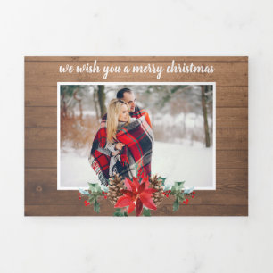 Rustic wood multi photo Christmas Tri-Fold Holiday Card