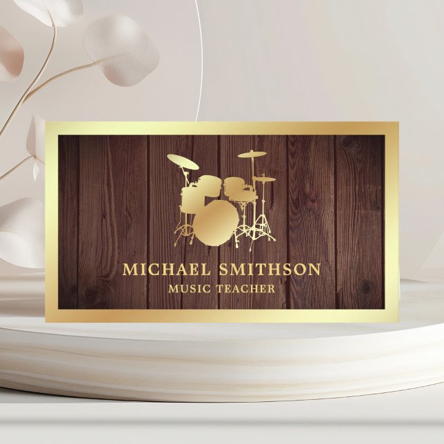Rustic Wood Music Teacher Gold Drum Kit Drummer Business Card (Creator Uploaded)