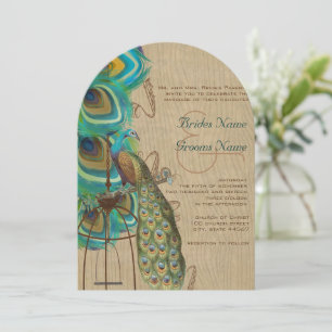 Rustic Wood Musical Peacock Bird Cage Feather Invitation