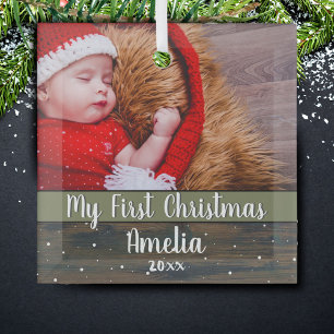 Rustic Wood My First Christmas Baby Photo Glass Tree Decoration