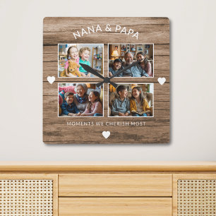 Rustic Wood Nana Papa 4 Photo Grandparent Gift Square Wall Clock