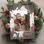 Rustic Wood | Natural | Floral Photo Christmas Holiday Card<br><div class="desc">This beautiful holiday photo card features cutout flowers in white over a faux natural wood background. The floral design looks painted onto the wood. Easy to personalize! The back contains a matching wood design.</div>