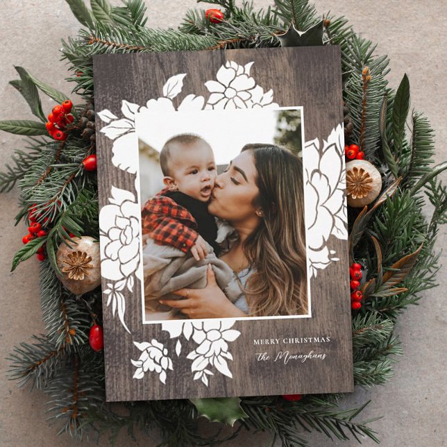 Rustic Wood | Natural | Floral Photo Christmas Holiday Card (Creator Uploaded)
