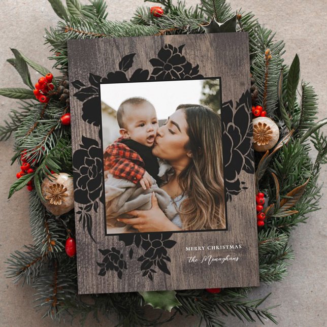 Rustic Wood | Natural | Floral Photo Christmas  Holiday Card (Creator Uploaded)