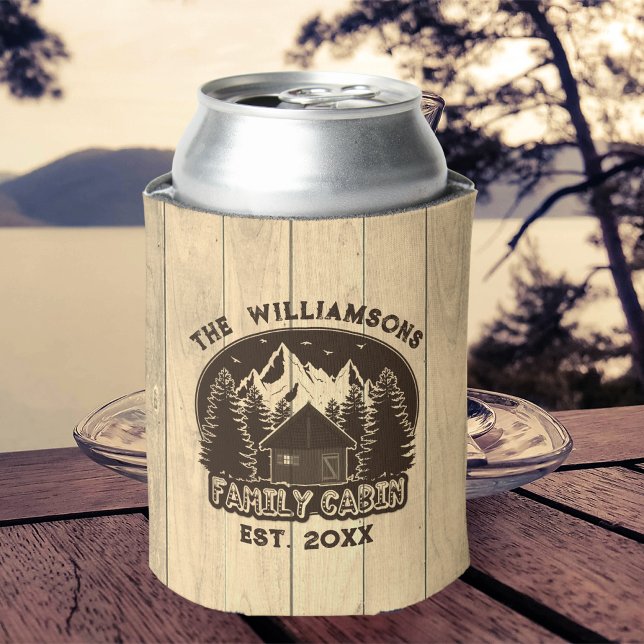 Rustic Wood Nature Family Cabin Brown Name Reunion Can Cooler (Creator Uploaded)