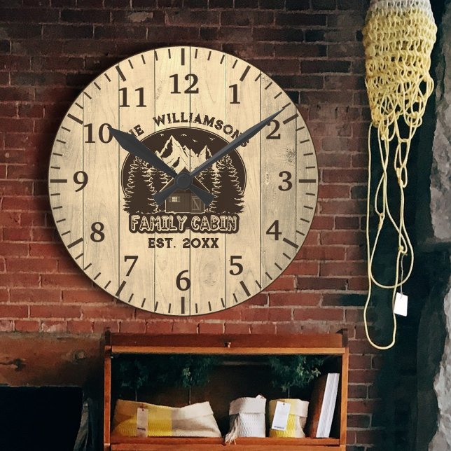 Rustic Wood Nature Family Cabin Brown Name Reunion Round Clock (Creator Uploaded)