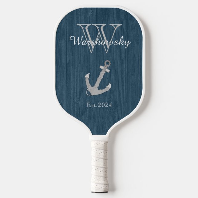 Rustic Wood Nautical Blue Anchor Monogram  Pickleball Paddle (Front)