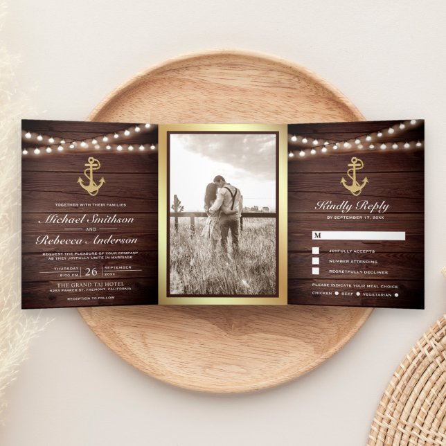 Rustic Wood Nautical Gold Anchor Lights Wedding Tri-Fold Invitation (Creator Uploaded)