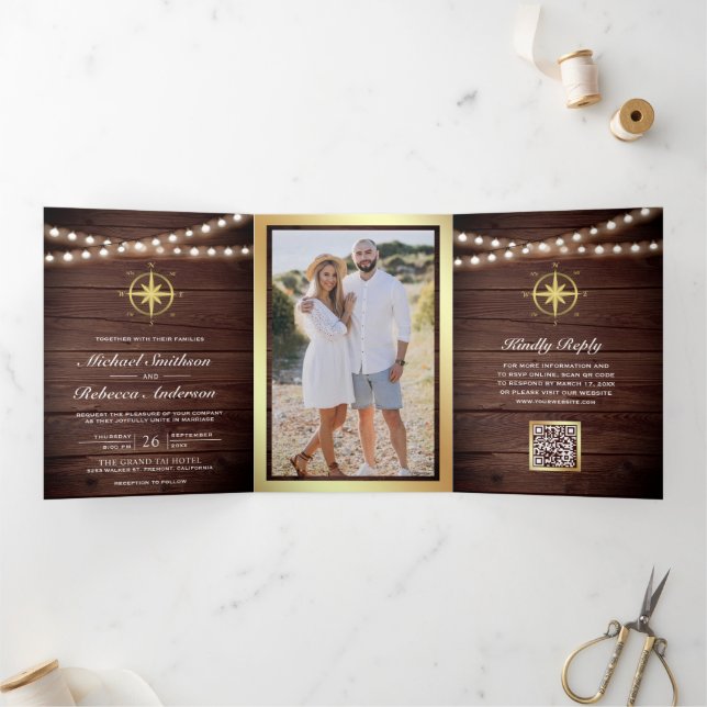 Rustic Wood Nautical Gold Compass QR Code Wedding Tri-Fold Invitation (Inside)