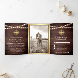 Rustic Wood Nautical Gold Compass Wedding Tri-Fold Invitation