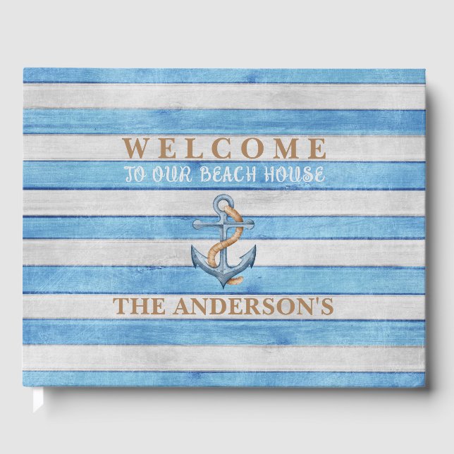 Rustic Wood Nautical Stripes Family Beach House Guest Book (Front)