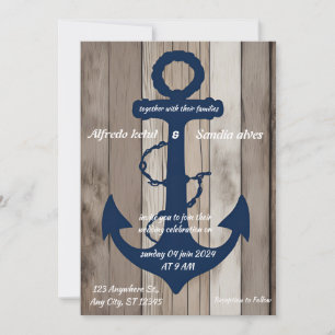 Rustic Wood Navy Blue Anchor Nautical Wedding Invitation