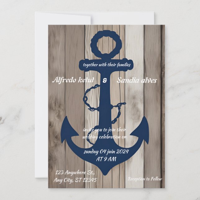 Rustic Wood Navy Blue Anchor Nautical Wedding  Invitation (Front)