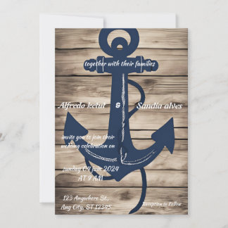 Rustic Wood Navy Blue Anchor Nautical Wedding Invitation