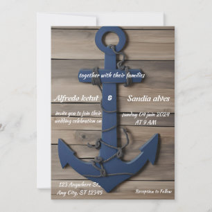 Rustic Wood Navy Blue Anchor Nautical Wedding  Invitation