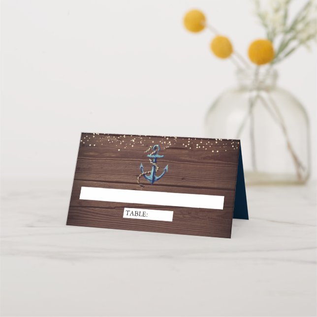 Rustic Wood Navy Blue Anchor Nautical Wedding Place Card (Front)