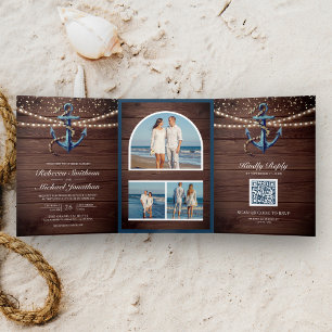 Rustic Wood Navy Blue Anchor QR Code Wedding Tri-Fold Invitation