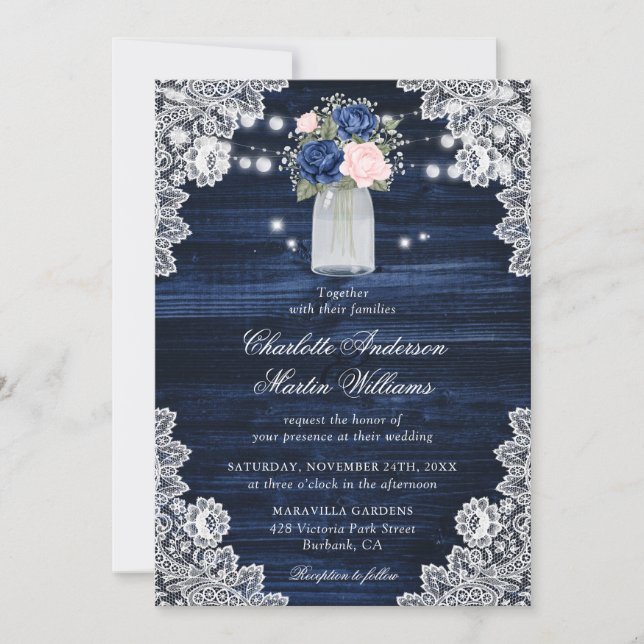Rustic Wood Navy Blue Blush Pink Floral Wedding Invitation (Front)