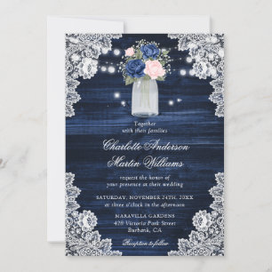 Rustic Wood Navy Blue Blush Pink Floral Wedding Invitation